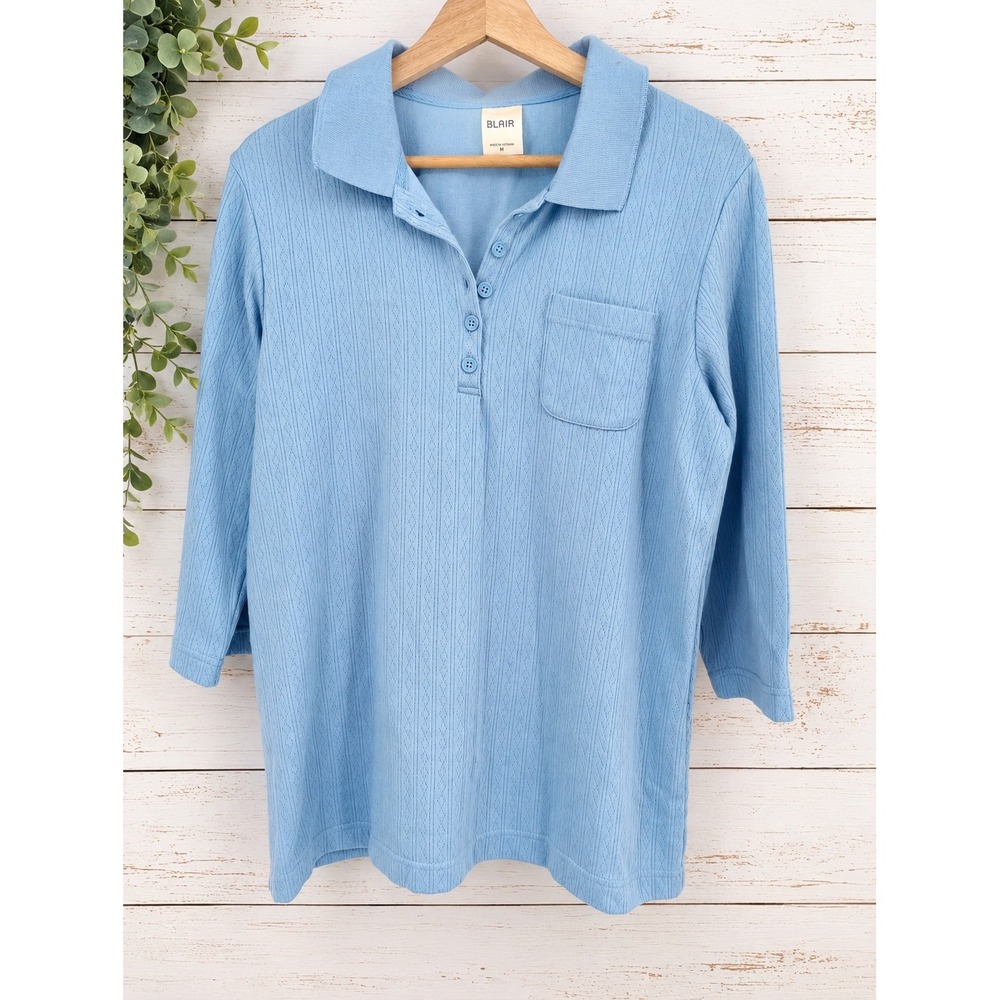 Blair Polo Shirt Womens Size M Blue Textured Pointelle 3/4 Sleeve Pocket